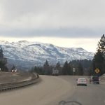 A traveler's photograph capturing a clear curving asphalt road with snow covered mountains in the background and a line of evergreen trees