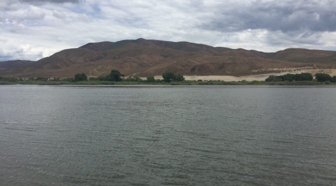 A natural scenic view of a wide, expansive lake with gentle rippling water leading to a single large mountain standing far off in the background distance under a soft sky.