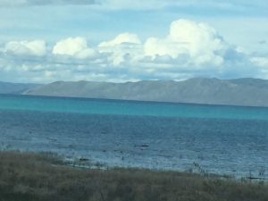 A wide scenic mountain lake with dark murky water along the reedy shoreline transitioning into vibrant blue water in the center, backed by a distant majestic mountain range under a cloudy sky.