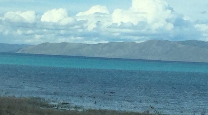 A wide scenic mountain lake with dark murky water along the reedy shoreline transitioning into vibrant blue water in the center, backed by a distant majestic mountain range under a cloudy sky.